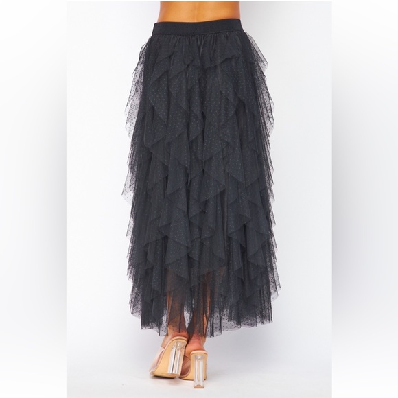 37 Carrie Black Textured Tulle Mesh Midi Skirt - Picture 3 of 4